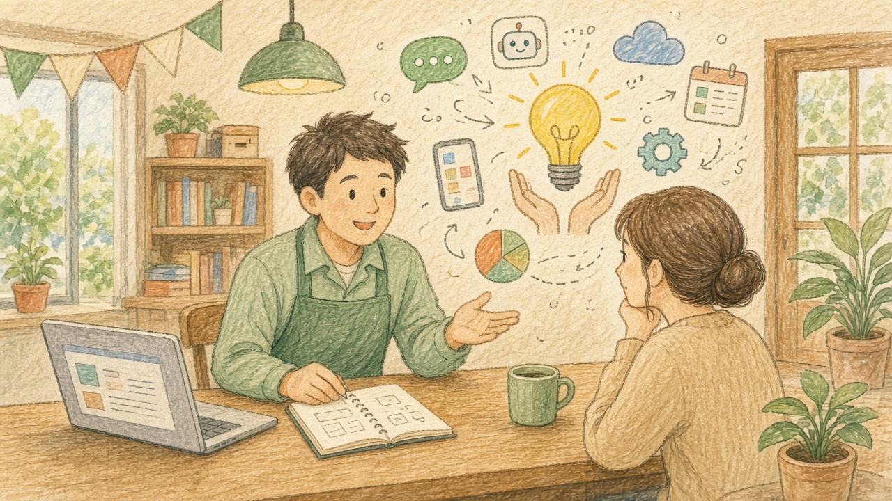 小規模事業者や個人事業主に寄り添う、街のIT屋さんをイメージしたイラスト